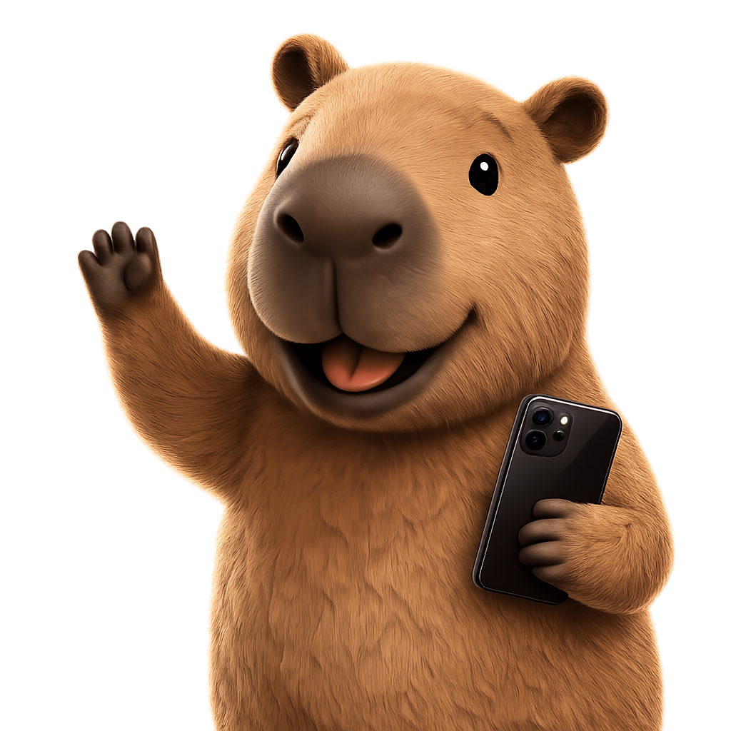 Mascota de Capy saludando con un teléfono